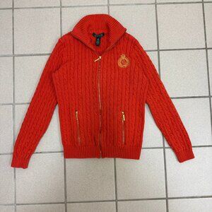 Vintage Ralph Lauren Crest Orange Cable Knit Zip Sweater Women Size S